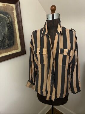 Made In USA Hard Tail Vegan Silk Black and Tan Striped Shirt
